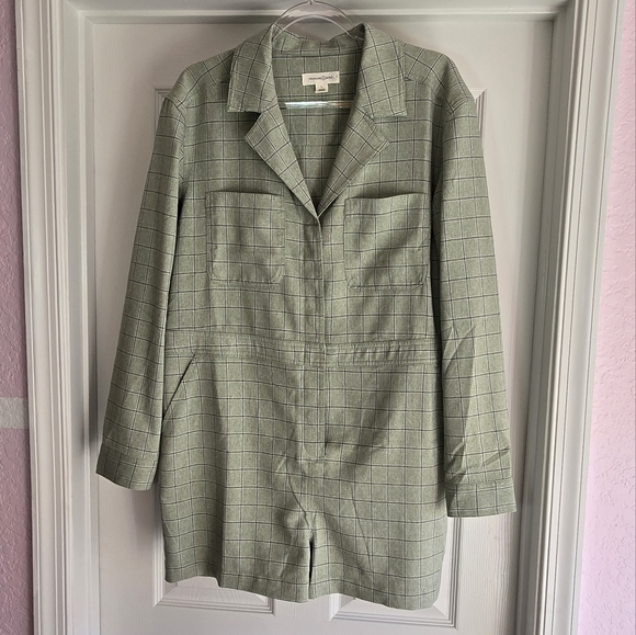 TREASURE & BOND Plaid Romper Size L Green Jumpsuit Button Front Office Casual - Picture 2 of 7